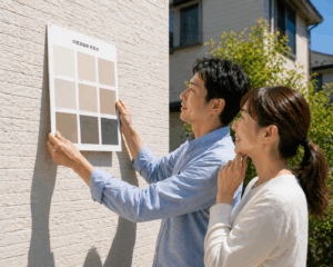 太陽光の下で色見本板を外壁にあてる夫婦